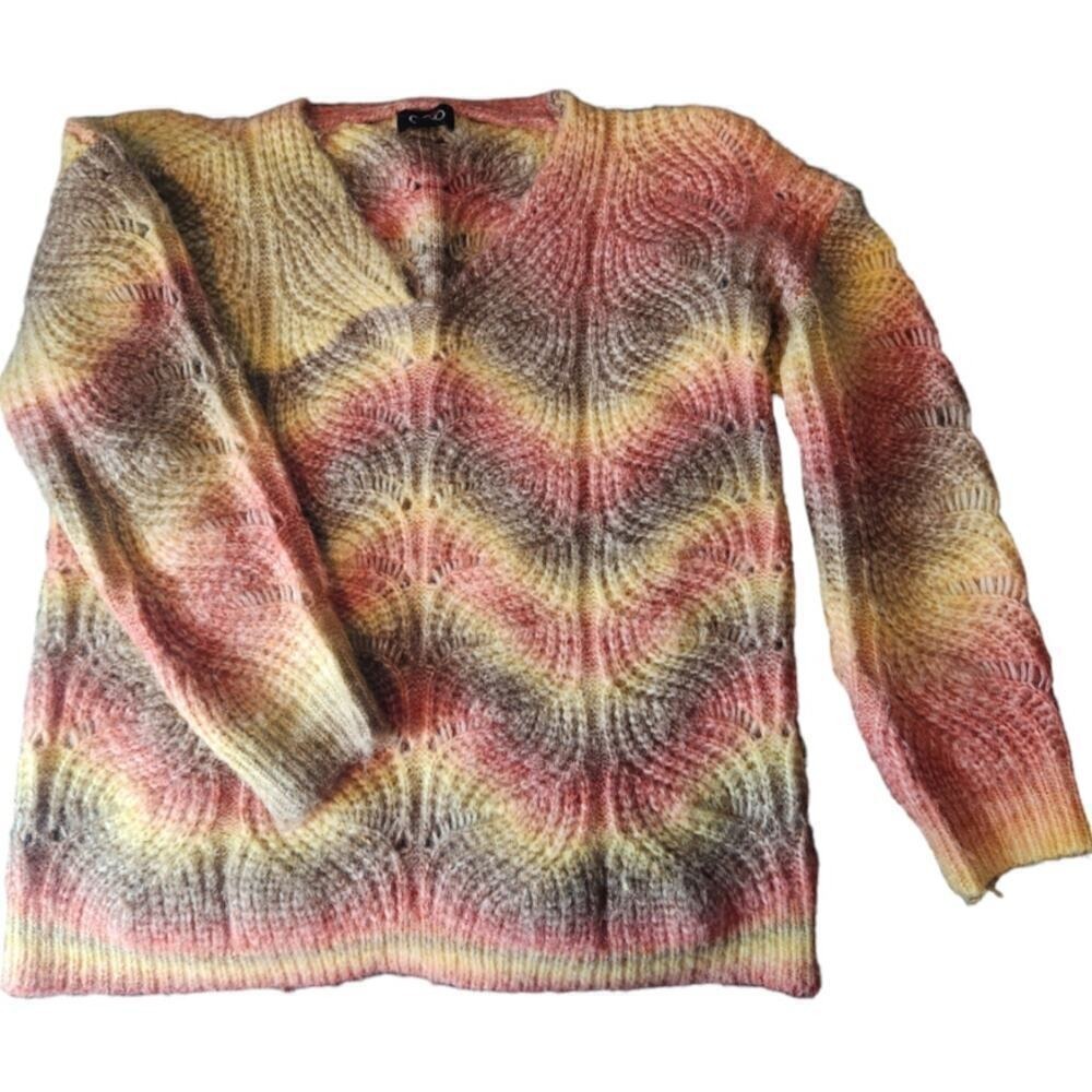 Gigio Chevron Pointelle Sweater Womens Small Multicolor Ombre V-Neck TC1413